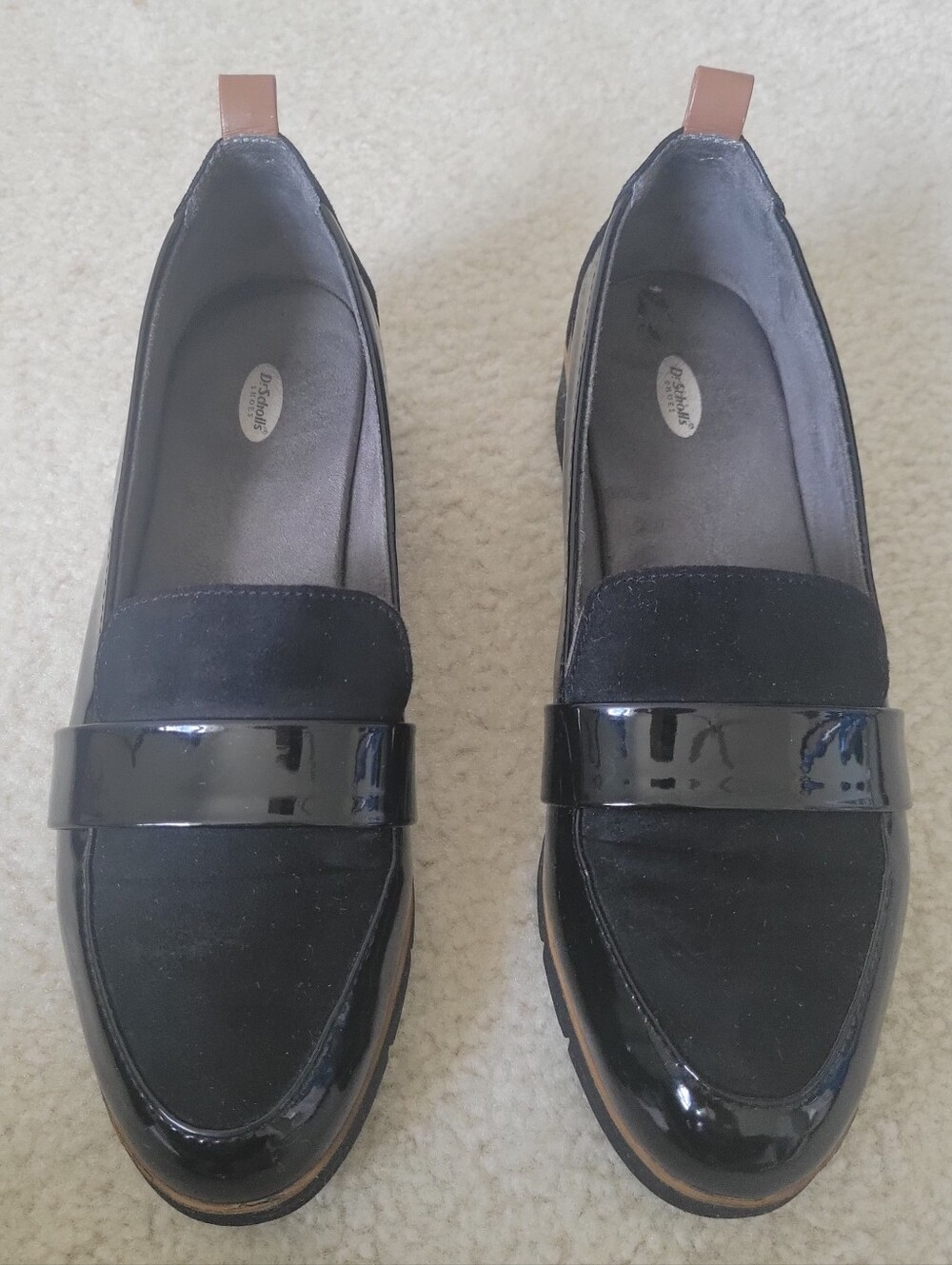 Dr. Scholl's Black Patent & Suede Loafers with Tan Heel Pull